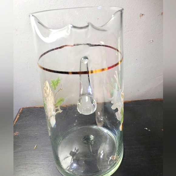 Vintage MCM Retro Owl Glass Gold Rimmed Pitcher / Bar Cart Decor - Picture 5 of 7